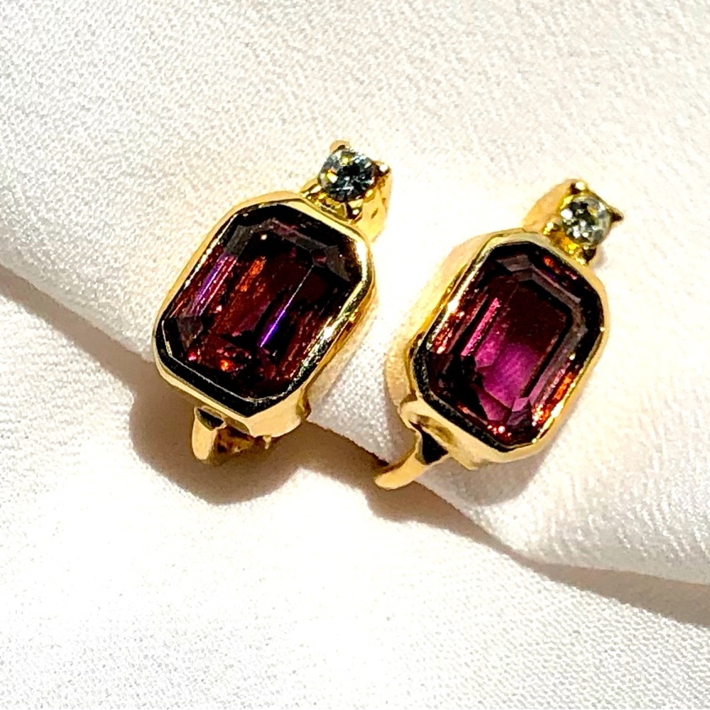 Vintage Christian Dior Crystal Clip On Purple Signed Earrings